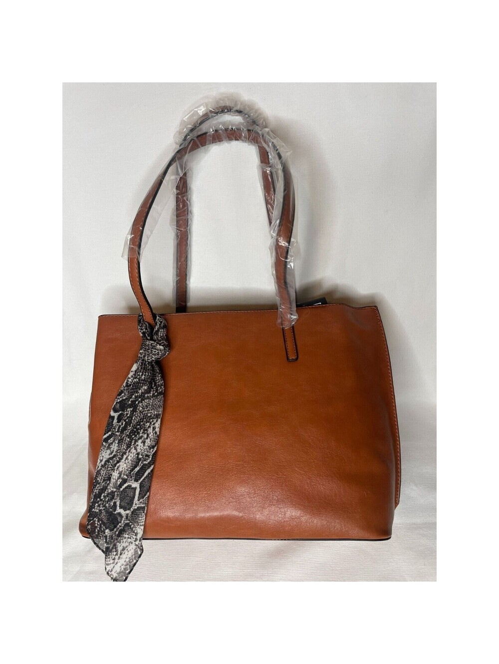 Mondani New York Harper Shoulder Handbag Cognac Faux Leather w Scarf Snap NEW
